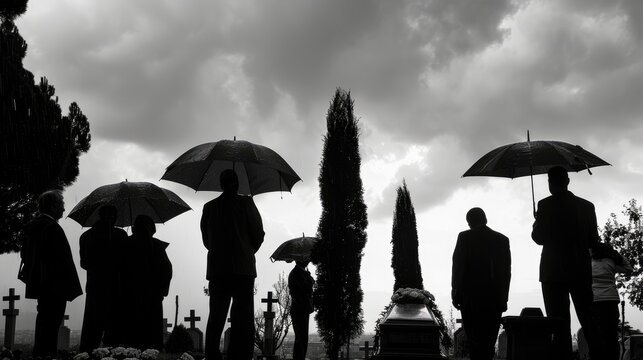 Honoring the Departed: Mourners with Umbrellas Gather at Milan's Monumental Cemetery Under the Rain for a Modest Funeral Ceremony. B&W