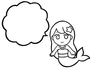 人魚イラストふきだし線画　黒色