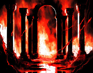 illustration of the gates of hell with lava and fire