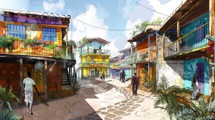 Obraz premium Korean, Caribbean architecture, street art, sustainable development project illustration