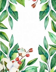 Fototapeta premium Handpainted botanical border with lush foliage and red berries on a white background