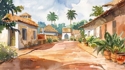 Fototapeta premium Mediterranean, Ugandan architecture, watercolor, textbook design