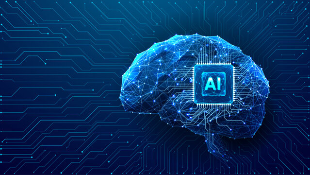 Digital AI chip integral into abstract technology brain on dark blue background. Circuit board tech bg. Low poly wireframe AI mind. Artificial Intelligence concept. Vector illustration with light neon