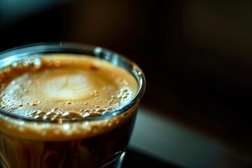 Close-up of Creamy Frothy Espresso in a Clear Glass with Beautiful Latte Art Design on Top in a Dimly Lit Coffee Shop
