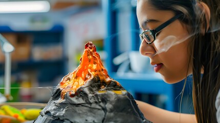 A young girl in glasses examines a model volcano erupting with lava during a science project in a classroom setting.