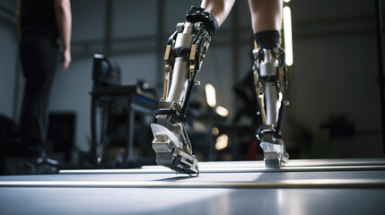 A young disabled man with a prosthesis runs on a treadmill at the doctor. AI generated.
