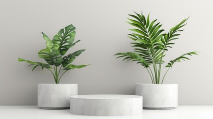 Obraz premium 3d gray stage background product display podium scene with leaf platform. grey background, stand to show cosmetic product.