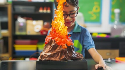 A young boy conducts a vibrant and dynamic volcano science experiment in a classroom, showcasing an engaging and educational moment.