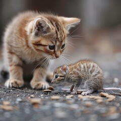curious kitten and small rodent