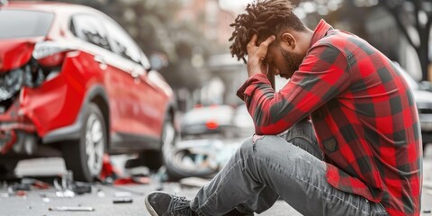Man sitting next to wrecked car on roadside