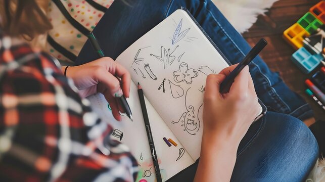 Close-up of person sketching creative doodles in a notebook, surrounded by colorful art supplies, showcasing artistic expression.