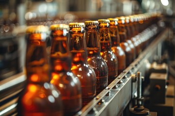 Row of beer bottles on conveyor belt