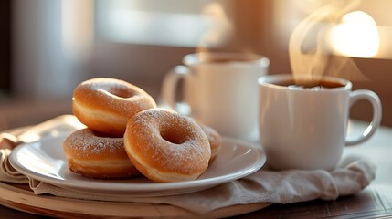 Fresh bagels and a cup of coffee on a plate for a delicious breakfast
