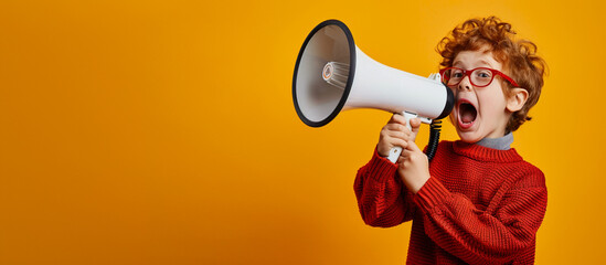 Little ginger schoolkid holding in megaphone on yellow background