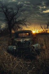 An old truck abandoned in a field at sunset, framed by barren trees and a dramatic sky, symbolizing forgotten endeavors and the idleness of objects left to time