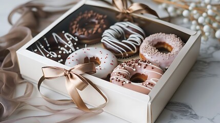 A box of delicious donut, filled with truffles, pralines, and other sweet treats in milk and dark chocolate