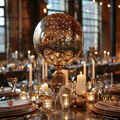 Elegant table setting with disco ball centerpiece