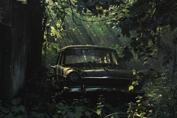 Mystical scene of an abandoned car overgrown with foliage in a sunlit forest, depicting nature reclaiming man-made objects in undisturbed idleness