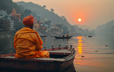 A priest riding a boat on the banks of river ganges in varanasi.
