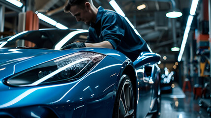 Car cash or car detailing studio worker applying graphene or ceramic coating on blue sport car.