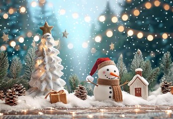 Obraz premium Photo Merry Christmas Background, Christmas Design, Christmas Template, snowman. Christmas tree. generative ai art