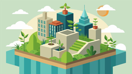 The concrete jungle expands upward as a rooftop garden offers a muchneeded touch of nature and relaxation.. Vector illustration
