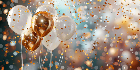 Gold and white balloons with confetti on a festive background, creating an elegant and celebratory atmosphere perfect for sophisticated parties and events

