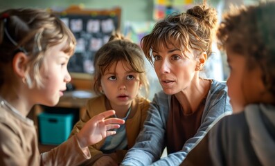 Fototapeta premium A teacher talking calmly to two children who are pointing at each other in an educational setting
