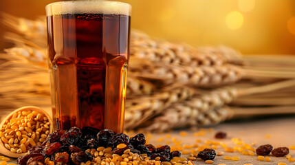 photo Glass of tasty kvass, raisins and wheat grains isolated realistic