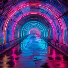 Vibrant neon tunnel with reflective water