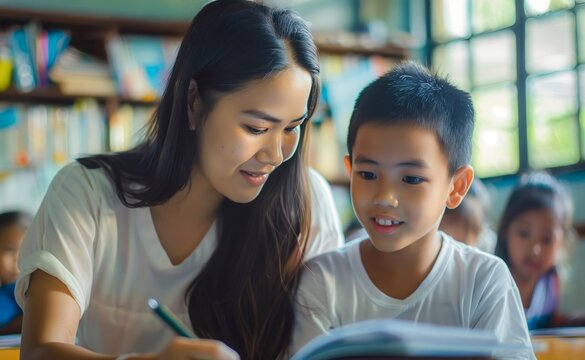 A female Teacher patiently assisting a student ed, surrounded by educational materials in a classroom setting.