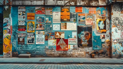 Fototapeta premium A weathered urban wall adorned with a diverse array of posters, flyers, and graffiti, reflecting a vibrant street culture.