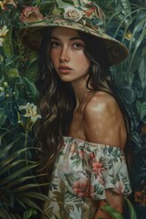 Realistic painting of a young woman wearing a floral hat, surrounded by lush greenery, depicting a moment of peaceful idleness immersed in nature