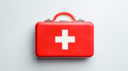 Fototapeta premium Red first aid kit with a cross with medicines on a white background.