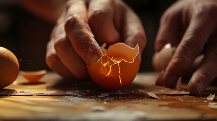 photo of a person peeling a boiled egg on a wooden table, closeup realistic