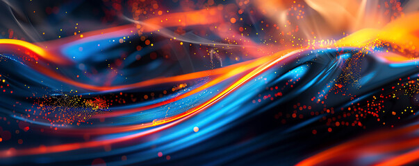 Abstract dark background with orange and blue waves of digital data flowing in the style of light black and navy blue, futuristic network technology concept