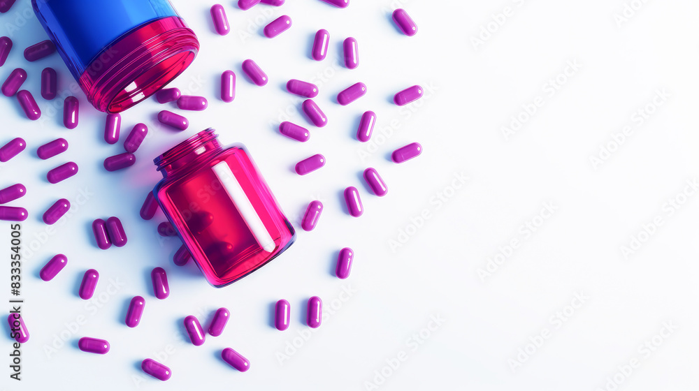 Sticker Pink pills, capsules and vitamins on a white background.