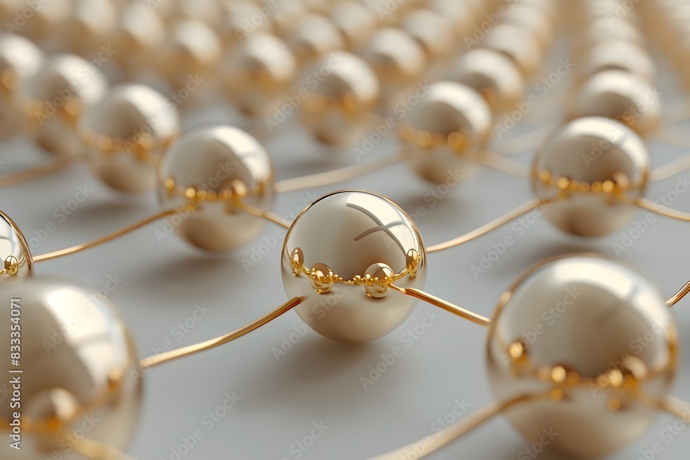 Poster a pattern of interconnected gold spheres forming an intricate geometric network on light grey backgr