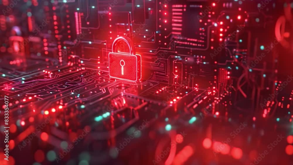 Poster This red padlock securely fastened on a computer circuit board, symbolizing data protection and security.