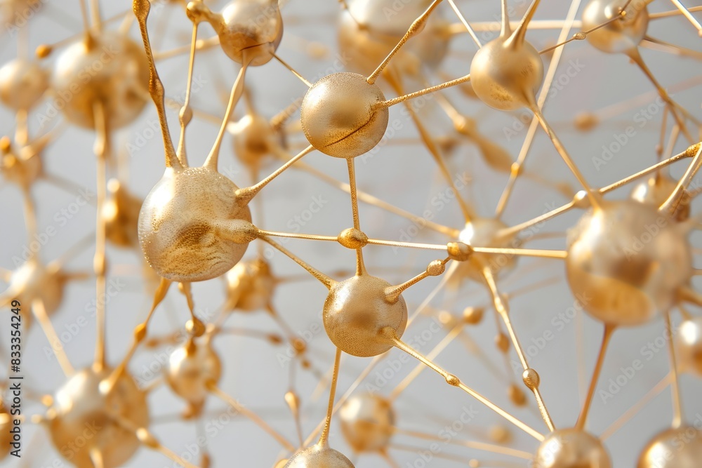 Poster a pattern of interconnected gold spheres forming an intricate geometric network on light grey backgr