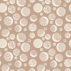 Vector seamless pattern of round geometric shapes. Simple texture of hand drawn curves, lines, spirals. Contemporary trend illustration. Doodle abstract background, wallpaper. Original concept design