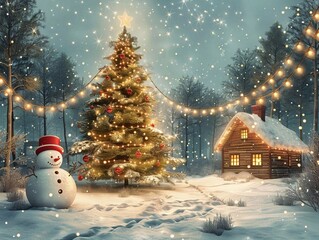 Obraz premium Christmas day in the snowy pine forest, snowmen, Christmas trees. generative ai art