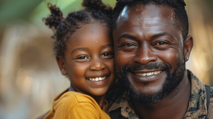 masculine military man smiling and hugging his daughter