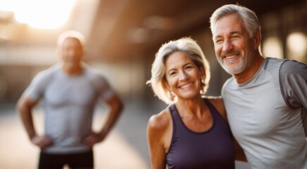 Fototapeta premium Older couple portrait before together training in gym