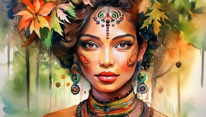 A close-up portrait of a young woman with an intricate hairstyle and makeup.