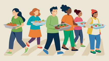 Obraz premium A group of volunteers from a church congregation bringing trays of homemade lasagna and salad to a nearby homeless shelter.. Vector illustration