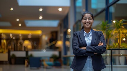 Fototapeta premium A smiling Indian female hotel manager wearing business attire and standing in front of the lobby