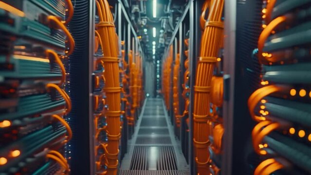 This Neat rows of servers lined up in a data center, housing and processing data for various operations.