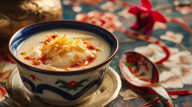 Almond tofu dessert, served in a decorative bowl with a colorful Taiwanese dessert shop backdrop