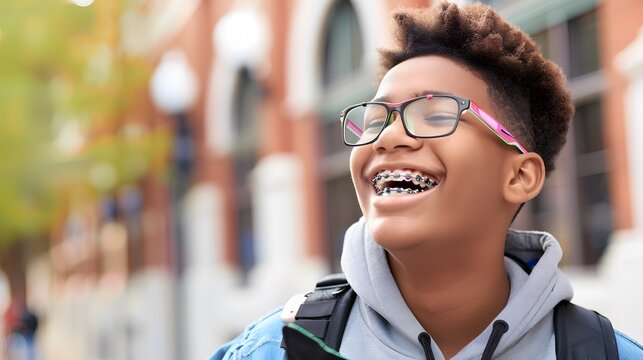 A cheerful teenage boy with glasses and braces, smiling and laughing outdoors on a sunny day, wearing casual clothing and a backpack.
